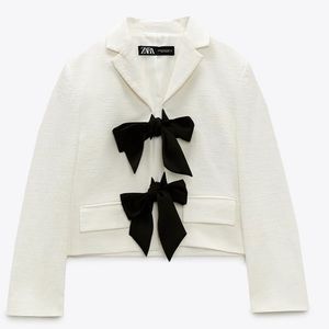 Zara White Contrast Bow Cropped Blazer